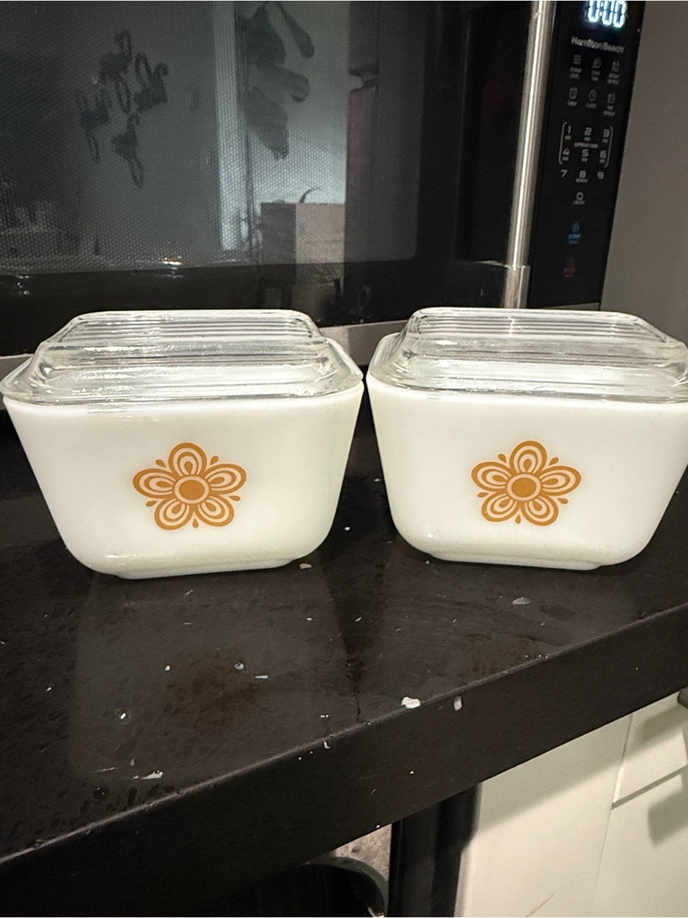Pyrex Glass Storage Dish with Orange Flower Pattern - Set of 2